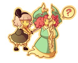 &gt;:&lt; 2girls :&lt; ? bisected black_footwear black_ribbon blue_dress closed_mouth daigada dress full_body ghost ghost_tail green_skirt green_vest hair_ribbon hairband hands_in_opposite_sleeves hat hitodama holding holding_sword holding_weapon japanese_clothes katana kimono konpaku_youmu konpaku_youmu_(ghost) long_sleeves mary_janes mob_cap multiple_girls pink_hair puffy_short_sleeves puffy_sleeves ribbon saigyouji_yuyuko shoes short_hair short_sleeves silver_hair simple_background skirt skirt_set sleeves_past_wrists sliced smile socks sword touhou transparent_background triangular_headpiece v-shaped_eyebrows vest weapon white_background white_legwear wide_sleeves |_|