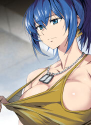 Rule 34 | 1girl, bare shoulders, blue eyes, blue hair, breasts, clothes pull, dog tags, earrings, high ponytail, highres, inspecting, jewelry, leona heidern, nkcfljec7ahxreg, no bra, ponytail, snk, tank top, the king of fighters, the king of fighters xv, touniyuu, triangle earrings, yellow tank top