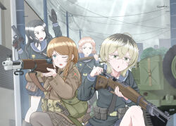 absurdres ammunition_pouch bandolier belt black_gloves black_hair blue_eyes bolt_action braid brown_hair building gloves green_eyes gun handgun highres jerry_can knife long_hair m1911 m1_garand mauser_98 medium_hair military_jeep motor_vehicle original pouch power_lines rifle savankov school_uniform sheath sheathed shell_casing tactical_school_uniform utility_pole weapon yellow_eyes