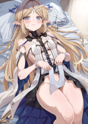 1girl artist_name bed black_collar black_dress blonde_hair blue_eyes blush braid breasts cartethyia_(wuthering_waves) closed_mouth collar commentary_request crown_of_thorns dress earrings embarrassed feet_out_of_frame from_above groin highres jewelry kitahara_tomoe_(kitahara_koubou) long_hair looking_at_viewer lying medium_breasts necklace no_panties on_back on_bed pillow pointy_ears solo sweatdrop tacet_mark_(wuthering_waves) thighs very_long_hair wuthering_waves