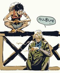 Rule 34 | 2boys, bad id, bad twitter id, black hair, black necktie, black suit, blonde hair, blue shirt, curly eyebrows, edolove, formal clothes, hair over one eye, hat, male focus, monkey d. luffy, multiple boys, necktie, one piece, sanji (one piece), shirt, short hair, sitting, sleeveless, speech bubble, squatting, straw hat, suit
