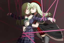 2girls bang_dream! bang_dream!_it&#039;s_mygo!!!!! belt beret black_capelet black_choker black_skirt black_sleeve_cuffs blue_belt blue_dress bound brown_background capelet center_frills choker cowboy_shot dress dual_persona floating_hair frilled_choker frilled_shirt_collar frills front-to-back green_hair green_ribbon grey_pantyhose half-closed_eyes hanging hat high-waist_shorts highres hug hug_from_behind light_smile long_hair looking_at_another looking_at_viewer looking_to_the_side mortis_(bang_dream!) mortis_(costume)_(bang_dream!) mortis_(persona)_(bang_dream!) multiple_girls neck_ribbon oiun open_mouth outstretched_arms pantyhose parted_lips pink_ribbon plaid_clothes plaid_dress red_hat red_shorts ribbon ribbon_bondage see-through_clothes see-through_sleeves selfcest separated_arms shade shorts showgirl_skirt simple_background skirt sleeve_cuffs spread_arms straight_hair tears unhappy wakaba_mutsumi white_sleeve_cuffs yellow_eyes yuri