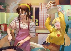 2girls absurdres apron artist_name bang_dream! blonde_hair blue_eyes brown_hair chair cooking cooking_pot curtains drawing_(object) electric_kettle food hair_bun hairband highres holding holding_plate indoors kettle kitchen licking_lips long_hair magnet multiple_girls okusawa_misaki open_mouth pancake pancake_stack plant plate potted_plant refrigerator refrigerator_magnet shirt shoes shorts single_hair_bun sitting smile standing steam sunatixd sweater t-shirt teeth tongue tongue_out tsurumaki_kokoro upper_teeth_only washing_machine window yellow_eyes