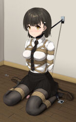 1girl absurdres arms_behind_back bdsm black_necktie black_pantyhose blush bondage bound bound_arms bound_breasts bound_legs bound_torso breast_bondage breasts brown_eyes brown_hair collar collared_shirt egg_vibrator female_focus forced_orgasm frogtie highres hina_saori_(himitsu) indoors loafers lock looking_at_viewer medium_breasts necktie neglect_play on_floor original padlock pantyhose peril pleated_skirt remote_control_vibrator restrained separated_legs sex_toy shibari shibari_over_clothes shirt shoes sitting skindentation skirt slave smile solo variant_set vibrator vibrator_cord vibrator_under_clothes wanliu wariza white_shirt wooden_floor yellow_eyes