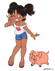 1girl animal animal_print black_hair blue_eyes blue_shorts blush bracelet brown_sandals collarbone commission dakunart dark-skinned_female dark_skin denim denim_shorts earrings flat_chest flip-flops flower grin heart heart_print highres jewelry loli long_hair looking_at_viewer one_eye_closed open_mouth original pig pig_print print_shirt print_shorts sandals shirt shorts smile standing strap_slip tank_top teeth twintails v white_background white_shirt wink
