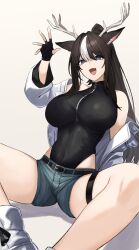 1girl akris_(deer_chang) animal_ears antlers bare_shoulders black_gloves black_hair black_leotard blue_eyes blue_shorts breasts commentary_request commission deer_antlers deer_ears deer_girl fingerless_gloves ganesagi gloves grey_background hand_up heattech_leotard highres horns jacket large_breasts leotard long_hair looking_at_viewer multicolored_hair off_shoulder open_clothes open_jacket open_mouth original ponytail shorts simple_background skeb_commission sleeveless_turtleneck_leotard solo streaked_hair thigh_strap thighs turtleneck white_hair white_jacket