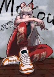 1girl artist_name bare_shoulders black_shirt bow character_name cigarette cobblestone contemporary dated fujiwara_no_mokou full_body hair_bow highres holding holding_cigarette long_hair looking_at_viewer on_ground pants red_eyes red_pants rhodium_(rh) shirt shoes sitting sleeveless sleeveless_shirt sneakers solo touhou white_hair
