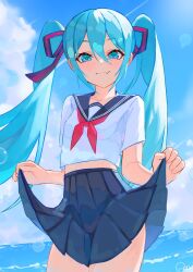1girl aqua_eyes aqua_hair blue_sailor_collar blue_skirt blush clothes_lift commentary_request double-parted_bangs fang hair_between_eyes hair_ornament hatsune_miku highres lens_flare long_eyelashes long_hair looking_at_viewer midriff_peek neckerchief pleated_skirt red_neckerchief rei_(rei_270) sailor_collar skin_fang skirt skirt_lift solo vocaloid water