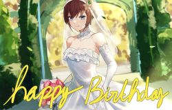 arch blue_eyes blush bouquet breasts bridal_gauntlets bridal_veil bride brown_hair cleavage closed_mouth detached_sleeves dobure18 dress elbow_gloves english_text floral_arch flower frills gloves hana_macchia happy_birthday highres looking_at_viewer nijisanji nijisanji_id pink_dress rose smile veil virtual_youtuber wedding wedding_dress white_dress