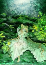 Rule 34 | 1girl, barefoot, bishoujo senshi sailor moon, blonde hair, blue eyes, breasts, cleavage, collarbone, double bun, dress, forest, hair bun, highres, koya, long hair, looking at viewer, nature, outdoors, parted bangs, puffy short sleeves, puffy sleeves, sailor moon, short sleeves, smile, solo, tsukino usagi, twintails, white dress