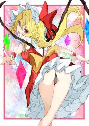 1girl absurdres ascot black_panties blonde_hair blush crystal crystal_wings flandre_scarlet hat highres looking_at_viewer mob_cap multicolored_wings open_mouth panties puffy_short_sleeves puffy_sleeves red_eyes red_skirt red_vest short_sleeves side_ponytail skirt skirt_set smile solo thong touhou unanooo_(fthx7532) underwear vest white_hat wings yellow_ascot