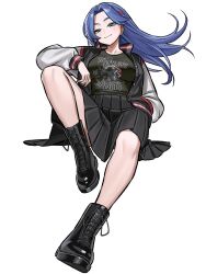 1girl absurdres aqua_eyes black_boots black_nails black_shirt black_skirt blue_hair boots breasts closed_eyes closed_mouth full_body hair_ornament hairclip highres jacket knee_up large_breasts latex latex_boots long_sleeves looking_at_viewer original parted_bangs shirt sitting skirt smile solo t-shirt thighs zeon_(zzeeonn)