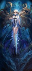 1girl armor bare_shoulders barefoot black_collar black_dress blonde_hair blue_eyes blue_gloves blue_hair closed_mouth collar colored_inner_hair commentary crown_of_thorns dress english_commentary fleurdelys_(wuthering_waves) floating floating_hair full_body gloves hair_lift highres horns imperator_(wuthering_waves) long_horns looking_at_viewer minz_(minh_nguyen) multicolored_hair pointy_ears shoulder_armor single_horn solo sword tabard twitter_username unicorn weapon white_tabard wuthering_waves yellow_horns
