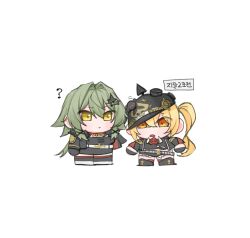 Rule 34 | 2girls, ?, black helmet, black jacket, blonde hair, caesar king (zenless zone zero), chibi, full body, green hair, hair between eyes, helmet, jacket, long hair, looking at viewer, luciana de montefio, multiple girls, open mouth, side ponytail, sidelocks, simple background, standing, white background, zenless zone zero, zhuyuan mom