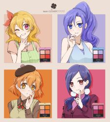 4girls ad aono_miki bare_shoulders braid collared_shirt cosmetics eas_(fresh_precure!) eye_mask eyeshadow fresh_precure! friends hagihara_riku hair_ornament hair_ribbon hairpin half_up_bun hands_on_own_face hat higashi_setsuna highres jewelry makeup mature_female momozono_love multicolored_hair multiple_girls nail_(hardware) nail_polish necklace one_eye_closed pale_skin pointing pointing_up precure ribbon shirt short_sleeves side_ponytail sleeveless twin_braids twintails v vest yamabuki_inori