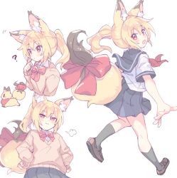 1girl ? animal_ear_fluff animal_ears black_socks blue_sailor_collar blue_skirt bow bowtie brown_footwear double-parted_bangs ear_wiggle fox fox_ears fox_girl fox_tail from_behind hair_between_eyes hands_on_own_hips loafers looking_at_viewer medium_hair miniskirt multiple_views neckerchief original pleated_skirt ponytail puff_of_air red_bow red_bowtie red_neckerchief sailor_collar school_uniform serafuku shirt shoes short_sleeves simple_background skirt smug socks suzuno_(suzuno3110) sweater tail tail_bow tail_ornament white_background white_shirt yellow_sweater