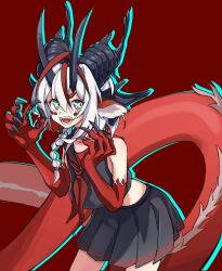 0guityak 1girl animal_ears animal_hands bare_shoulders black_horns black_shirt black_skirt braid cowboy_shot dragon_girl dragon_tail hair_intakes hands_up highres horns long_tail monster_girl open_mouth orange_eyes original red_background red_hair red_sailor_collar sailor_collar sharp_teeth shirt simple_background skirt solo tail teeth white_hair