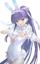 1girl animal_ears bare_shoulders blue_eyes breasts collar detached_collar earrings fake_animal_ears fake_tail fate/grand_order fate_(series) fishnet_pantyhose fishnets frilled_collar frills hair_ribbon highleg highleg_leotard highres jewelry leotard long_hair looking_at_viewer meltryllis_(fate) open_mouth pantyhose playboy_bunny ponytail purple_hair rabbit_ears rabbit_tail revision ribbon siiqa_vivi small_breasts solo tail very_long_hair white_leotard white_pantyhose white_ribbon wrist_cuffs
