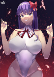 1girl bare_shoulders bb_(fate) bb_(swimsuit_mooncancer)_(fate) blush breasts covered_navel fate/grand_order fate_(series) grin hair_ribbon highleg highleg_leotard highres kurozawa_yui large_breasts leotard long_hair looking_at_viewer nail_polish neck_ribbon purple_eyes purple_hair red_ribbon ribbon smile solo thighs very_long_hair white_leotard