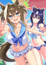 Rule 34 | 2girls, ^^^, animal ears, bare shoulders, bikini, bikini skirt, blue bikini, blue bow, blue bowtie, blue eyes, blue hair, blue sailor collar, blush, bow, bowtie, breasts, brown hair, cheval grand (umamusume), cleavage, collarbone, commentary request, cover image, ear ornament, embarrassed, grin, groin, hair between eyes, hair intakes, halftone, halftone background, highres, horse ears, horse girl, horse tail, large breasts, long hair, midriff, mole, mole under eye, multicolored hair, multiple girls, navel, open mouth, purple eyes, sailor bikini, sailor collar, short twintails, siblings, sidelocks, sisters, smile, standing, streaked hair, striped bikini, striped clothes, sweat, swimsuit, tail, teeth, twintails, umamusume, verxina (umamusume), white bikini, white hair, zenrakishi