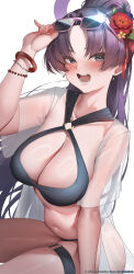 1girl absurdres adjusting_eyewear bikini black_bikini blue_archive blue_flower blush breasts cleavage dreamtokitty eyewear_on_head flower hair_flower hair_ornament highres large_breasts long_hair looking_at_viewer navel official_alternate_costume official_alternate_hairstyle open_clothes open_mouth open_shirt parted_lips ponytail purple-framed_eyewear purple_eyes purple_hair red_flower see-through_clothes see-through_shirt shirt solo stomach sunglasses swimsuit thigh_strap yukari_(blue_archive) yukari_(swimsuit)_(blue_archive)