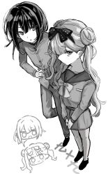 1boy 1girl black_hair brother_and_sister full_body greyscale hair_between_eyes highres long_hair long_sleeves looking_at_another looking_at_viewer monochrome noa_1042 shirt short_hair siblings standing the_hundred_line_-last_defense_academy- tsukumo_ima tsukumo_kako twins white_background
