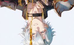 1boy armor black_choker black_gloves black_shirt blue_eyes choker collared_shirt dripping fingerless_gloves gloves highres honkai:_star_rail honkai_(series) liquid_gold male_focus parted_lips pauldrons phainon_(honkai:_star_rail) shirt short_hair shoulder_armor single_pauldron solo srro_yo sun_symbol sun_tattoo tan twitter_username upside-down white_background white_hair