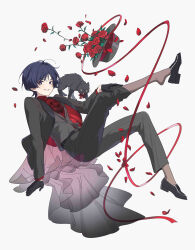 1boy absurdres alternate_costume arm_at_side arm_support ascot belt bishounen black_belt black_cat black_gloves black_hair black_hat black_jacket black_pants black_shoes black_sleeves black_suit bright_pupils cat clothes_pull contemporary dress_shirt eyeliner eyeshadow falling_petals flower formal_clothes genshin_impact gloves grey_pantyhose grey_undershirt hair_intakes half_gloves hand_on_own_leg hat hei_lang highres jacket layered_sleeves long_sleeves looking_at_viewer makeup male_focus open_clothes open_jacket open_mouth oxfords pants pants_pull pantyhose petals pink_sash purple_hair red_ascot red_eyeliner red_eyeshadow red_flower red_jacket red_petals red_ribbon red_rose red_sleeves red_undershirt ribbon rose sash scaramouche_(genshin_impact) shirt shoes smirk solo suit suit_jacket trilby two-sided_fabric two-sided_jacket white_background white_mouth white_pupils wispy_bangs