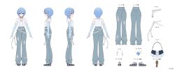 1girl a-pose absurdres bag belt blue_eyes blue_hair breasts commentary_request company_name copyright_notice double-parted_bangs elbow_gloves fingerless_gloves full_body gloves handbag high-waist_pants highres hololive holonatsu_paradise hoshimachi_suisei hoshimachi_suisei_(holonatsu_paradise) looking_at_viewer medium_hair multiple_views noir_eku official_alternate_costume official_art pants pendant_choker reference_sheet ribbed_gloves second-party_source shirt shirt_tucked_in shoes short_sleeves small_breasts sneakers solo torn_clothes torn_pants translation_request turnaround virtual_youtuber white_shirt wolf_cut