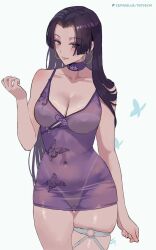 1girl animal_print black_hair blue_eyes bug butterfly butterfly_print cameltoe choker covered_navel cowboy_shot dress earrings gold_earrings highres hoop_earrings insect jewelry long_hair marvel marvel_rivals panties_visible_through_clothes parted_bangs print_dress psylocke purple_choker purple_dress short_dress simple_background skindentation thigh_strap thighs very_long_hair white_background x-men zefrableu