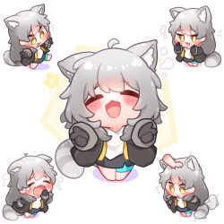 1girl :d ahoge animal_ear_fluff animal_ears black_gloves black_jacket black_skirt blush closed_eyes closed_mouth colored_shadow commentary disembodied_hand double_thumbs_up fang flying_sweatdrops gloves grey_hair headpat highres honkai:_star_rail honkai_(series) jacket kemonomimi_mode long_hair multiple_views open_clothes open_jacket open_mouth orcavice outstretched_arms raccoon_ears raccoon_girl raccoon_tail shadow shirt skirt smile stelle_(honkai:_star_rail) striped_tail tail tail_wagging tears thumbs_up trailblazer_(honkai:_star_rail) very_long_hair white_background white_shirt yawning yellow_eyes