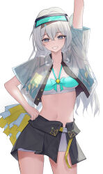 1girl absurdres alternate_costume arm_up bike_shorts bike_shorts_under_skirt black_skirt blush breasts crop_top firefly_(honkai:_star_rail) grey_hair hair_between_eyes hair_ornament halterneck highres holding holding_pom_poms honkai:_star_rail honkai_(series) ieris long_hair medium_breasts midriff miniskirt navel open_clothes open_shirt pom_pom_(cheerleading) pom_poms purple_eyes shoes short_sleeves simple_background skirt smile sneakers socks solo standing stomach very_long_hair visor_cap white_background
