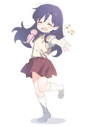 1girl aged_down blue_hair blush closed_eyes full_body highres holding holding_microphone idolmaster idolmaster_(classic) kisaragi_chihaya kneehighs long_hair loose_hair_strand microphone music musical_note no_shoes nozawa_noko open_mouth outstretched_arm outstretched_hand red_skirt shadow shirt short_sleeves simple_background singing skirt socks solo standing standing_on_one_leg sweater_vest teeth upper_teeth_only white_background white_shirt white_socks yellow_sweater_vest