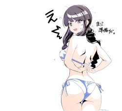 1girl absurdres ass bikini black_eyes black_hair blue_bikini blunt_bangs braid breasts commentary_request cowboy_shot from_behind hair_ribbon highres kantai_collection kitakami_(kancolle) long_hair looking_at_viewer looking_back medium_breasts negative_space ribbon side-tie_bikini_bottom simple_background single_braid solo swimsuit tada_(tactical_tada) translation_request tress_ribbon tying white_background