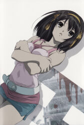 1girl bare_shoulders belt breasts brown_hair crossed_arms from_below hairband miniskirt navel nishiya_futoshi official_art open_mouth skirt suzumiya_haruhi suzumiya_haruhi_no_yuuutsu thighs wet white_belt yellow_hairband