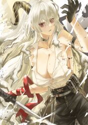 1girl arm_strap bags_under_eyes bare_shoulders black_choker black_gloves black_horns black_pants blonde_hair breasts bright_pupils choker collarbone commentary cowboy_shot curled_horns earrings gloves hand_up highres holding holding_sword holding_weapon horns jewelry key_earrings large_breasts long_hair looking_at_viewer mochigana mole mole_on_breast mole_under_eye necktie necktie_around_wrists pants parted_lips red_eyes red_necktie shirt shirt_tucked_in solo sword torn_clothes torn_shirt very_long_hair weapon white_pupils white_shirt wuthering_waves zani_(wuthering_waves)