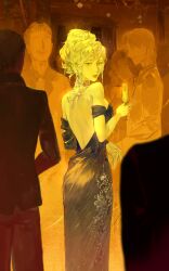 Rule 34 | 2girls, 3boys, absurdres, alcohol, back, backless dress, backless outfit, blue dress, blue eyes, bo&#039;abi, champagne, champagne flute, crowd, cup, dress, drinking glass, earrings, eternity (reverse:1999), evening gown, from behind, hand up, highres, holding, holding cup, jellyfish earrings, jewelry, long dress, looking at viewer, looking back, medium hair, multiple boys, multiple girls, necklace, off-shoulder dress, off shoulder, people, ponytail, reverse:1999, solo focus, turning head, white hair, yellow theme