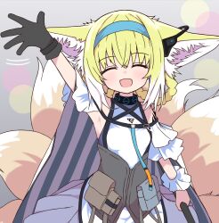 1girl animal_ear_fluff animal_ears aqua_hairband arknights arm_up armpits blonde_hair blurry bokeh braid braided_hair_rings chest_harness closed_eyes depth_of_field earpiece fox_ears fox_girl fox_tail frills gloves hair_rings hairband hand_up harness highres holding holding_staff infection_monitor_(arknights) material_growth multicolored_hair multiple_tails open_mouth oripathy_lesion_(arknights) rainyghostdance_(migumo) single_glove solo staff suzuran_(arknights) tail waving waving_arm white_hair