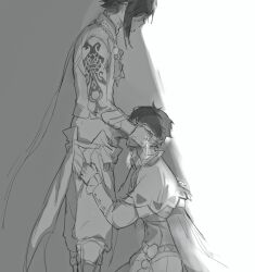 2boys arm_tattoo clothes_pull cum cum_in_mouth cum_overflow eii_leuleu erection fellatio from_side genshin_impact greyscale hands_on_another&#039;s_head highres kneeling male_focus monochrome multiple_boys oral pants pants_pull penis pulling_another&#039;s_clothes short_hair simple_background standing sweat tattoo testicles venti_(genshin_impact) white_background xiao_(genshin_impact) yaoi