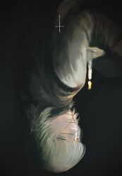 1boy badeni black_background blunt_bangs book candle candlelight chi.:_chikyuu_no_undou_ni_tsuite cross grey_eyes highres igarashi_(0417_ii) inverted_cross male_focus medium_hair monk open_book scar scar_on_face scar_on_mouth scar_on_nose simple_background solo tonsure tunic upper_body upside-down