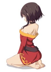 Rule 34 | 1girl, bare legs, bare shoulders, barefoot, black choker, breasts, brown hair, choker, dress, eyelashes, feet, from behind, highres, kono subarashii sekai ni shukufuku wo!, legs, long sleeves, megumin, off-shoulder dress, off shoulder, red dress, red eyes, seiza, shadow, shidema (venipede 049), short hair with long locks, sidelocks, simple background, sitting, small breasts, soles, solo, toe scrunch, toenails, toes, white background