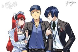 1girl 2boys amada_ken anarogiizu aragaki_shinjirou arm_hug baseball_cap bisexual bisexual_male black_jacket blue_hair blue_hat blue_shirt breasts cleavage collared_shirt dog dress eyelashes facial_hair gekkoukan_high_school_uniform hair_over_one_eye hat highres iori_junpei jacket jewelry koromaru_(persona) lightning_glare lolita_fashion long_hair love_triangle medium_breasts multiple_boys necklace parted_lips persona persona_3 red_hair sanada_akihiko school_uniform shirt simple_background stubble twitter_username white_background white_dress white_shirt yoshino_chidori yuuki_makoto_(persona_3)