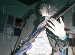 1boy aotsuki_eito black_jacket blood blue_eyes from_side glasses grey_hair guitar highres holding holding_guitar holding_instrument indoors instrument jacket male_focus microphone microphone_stand music official_alternate_costume playing_instrument recording shirt short_hair smile solo susushu666 the_hundred_line_-last_defense_academy- tower_records upper_body white_shirt