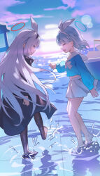 2girls ^_^ absurdres arona_(blue_archive) bare_legs barefoot black_coat black_hairband black_pantyhose blue_archive blue_hair blue_shirt closed_eyes coat commentary cropped_shirt english_commentary full_body grey_hair hairband halo highres long_hair long_sleeves midriff multiple_girls no_shoes pantyhose plana_(blue_archive) qianyuu_(senba) refraction ruins school_uniform serafuku shadow shallow_water shirt short_hair skirt smile straight_hair very_long_hair wading water white_hairband white_skirt