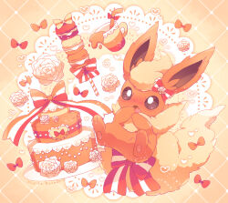 Rule 34 | blush, bow, brown eyes, cake, commentary request, flareon, flower, food, gen 1 pokemon, heart, highres, mugita konomi, nintendo, no humans, open mouth, poke puff, pokemon, pokemon (creature), solo, striped bow, toes, tongue