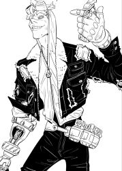 03kiyou 1boy arm_up belt black_pants clothing_cutout cowboy_shot detonator embers explosive fingerless_gloves glove_cutout gloves goggles goggles_on_head grenade highres hood hood_up hoodie jacket jewelry junkrat_(overwatch) lapels layered_clothes leather leather_jacket looking_up male_focus monochrome necklace overwatch overwatch_2 pants prosthesis prosthetic_arm prosthetic_fingers smile solo teeth thick_eyebrows torn_clothes torn_jacket wavy_hair wrist_cuffs zipper
