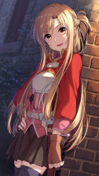 1girl :d absurdres against_wall arm_at_side armor asuna_(sao) belt black_skirt black_thighhighs blonde_hair braid breastplate brown_gloves capelet cowboy_shot day fingerless_gloves gloves half_up_braid hand_on_own_hip highres kamome_yuu long_hair long_sleeves looking_at_viewer miniskirt one_side_up open_mouth outdoors red_capelet sheath sheathed skirt smile solo sword sword_art_online sword_art_online_progressive thighhighs very_long_hair weapon yellow_eyes zettai_ryouiki