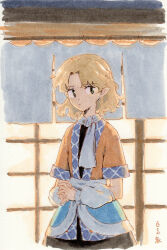 Rule 34 | 1girl, arm warmers, black skirt, blonde hair, brown shirt, closed mouth, commentary request, cowboy shot, green eyes, highres, looking at viewer, marker (medium), medium hair, mizuhashi parsee, own hands together, parted bangs, pointy ears, scarf, shiratama (hockey), shirt, short sleeves, signature, skirt, solo, touhou, traditional media, white scarf