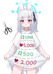 1girl absurdres animal_ears blue_archive blue_halo commentary cowboy_shot fake_animal_ears halo highres long_hair looking_at_viewer miyako_(blue_archive) naked_shirt oversized_clothes oversized_shirt parted_lips purple_eyes rabbit_ears scissors shirt shirt_tug short_sleeves simple_background solo tisofofo twitter_cutting_game twitter_strip_game white_background white_hair white_shirt