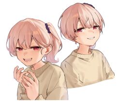 Rule 34 | 1girl, absurdres, derivative work, highres, laughing, looking at viewer, multiple expressions, original, rakkhun, red eyes, screenshot redraw, smile, solo, sweater, teeth, upper body, white background, white hair